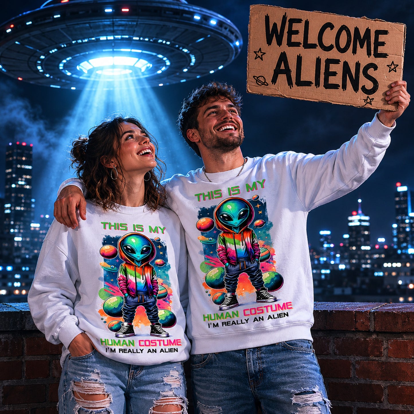 Man and woman wearing matching "This Is My Human Costume I'm Really An Alien" sweatshirts beneath a glowing UFO while holding a Welcome Aliens sign in a city night scene.