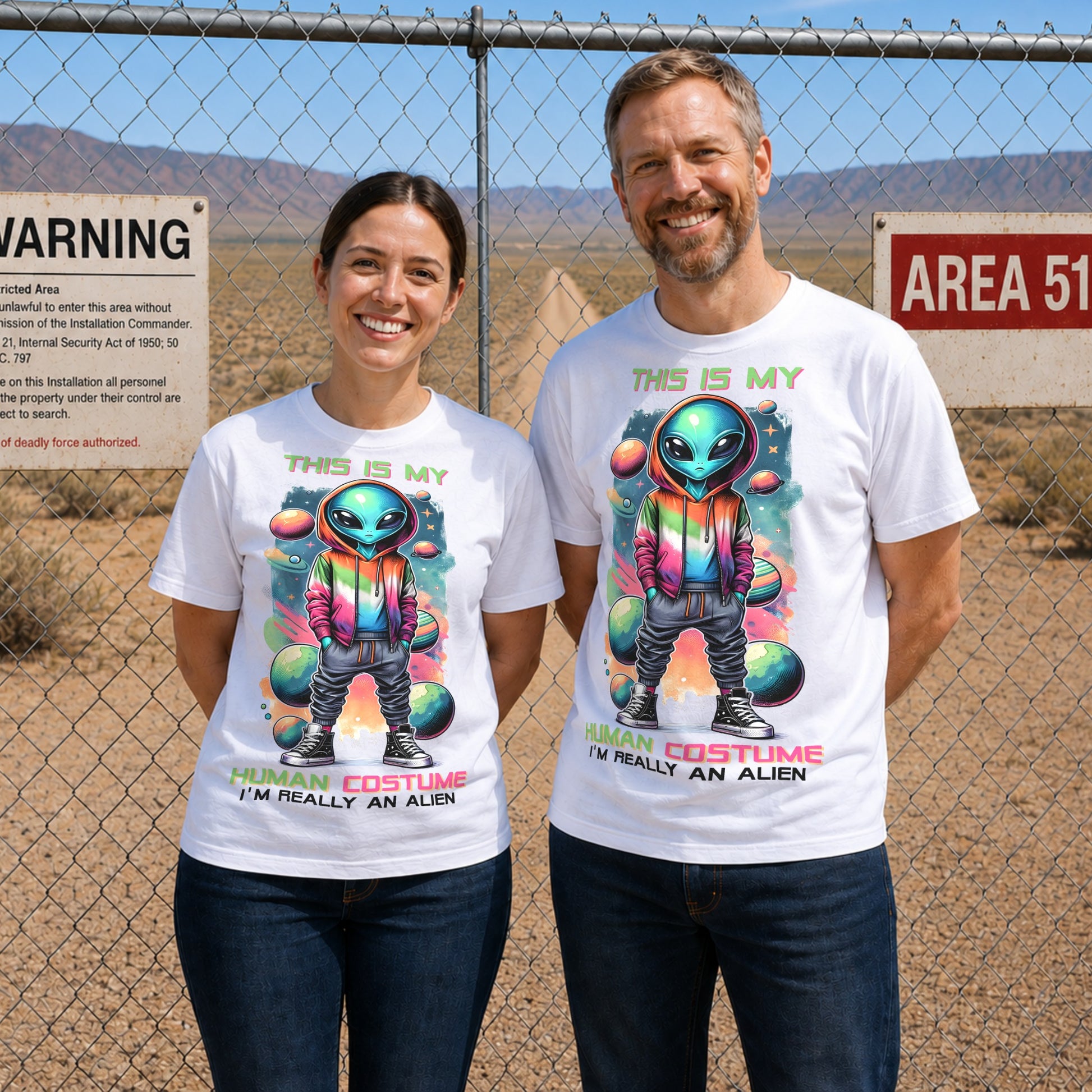 Man and woman wearing matching funny alien t-shirts featuring a colourful space-themed alien design, posing in front of Area 51 signs in a desert lifestyle mockup.
