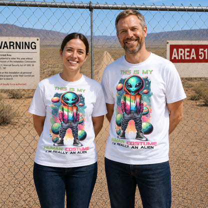 Man and woman wearing matching funny alien t-shirts featuring a colourful space-themed alien design, posing in front of Area 51 signs in a desert lifestyle mockup.