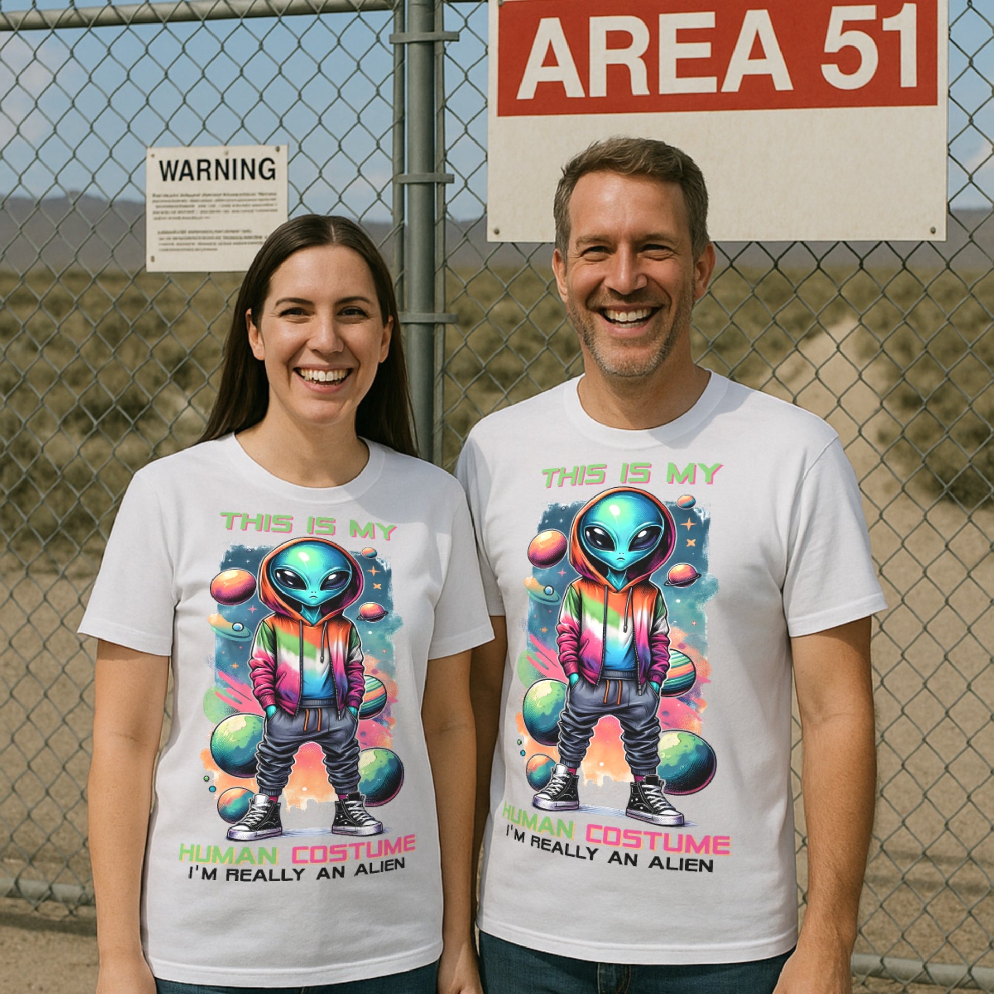 Two people wearing t-shirts with alien graphics in front of a 'Area 51' sign. the t-shirts says This is my human costume I'm really an alien