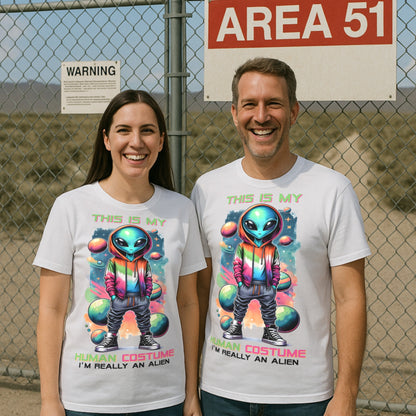 Two people wearing t-shirts with alien graphics in front of a 'Area 51' sign. the t-shirts says This is my human costume I'm really an alien