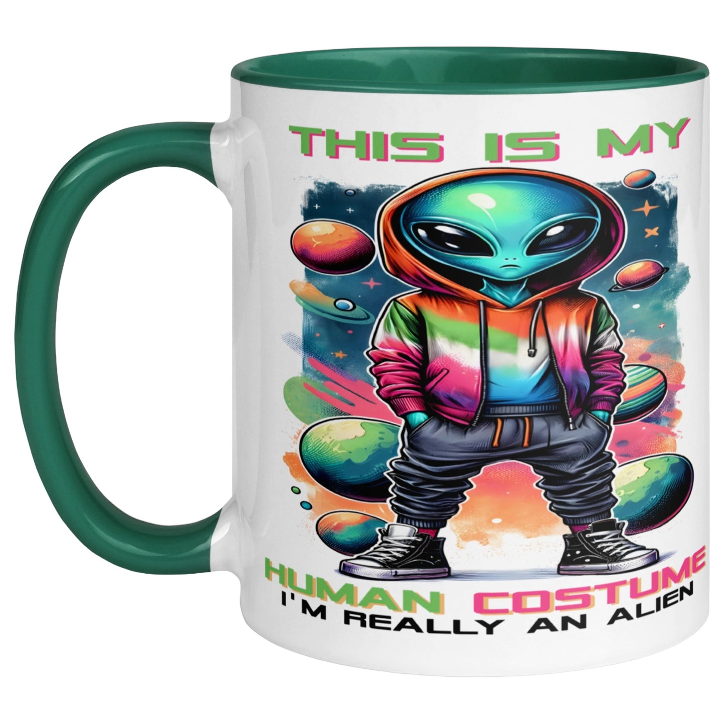 Man holding a funny UFO mug featuring a colourful alien in a rainbow hoodie surrounded by planets and cosmic artwork, with a space-themed galaxy backdrop.