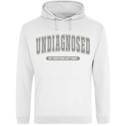 Black unisex hoodie featuring the funny "Undiagnosed But Something Ain't Right" graphic slogan in a bold varsity-style print, perfect for fans of sarcastic humour and novelty clothing.