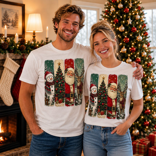 Smiling man and woman wearing matching white vintage Christmas panel T-shirts featuring a snowman, Christmas tree, Santa Claus, and reindeer while standing together in a cosy living room decorated with a Christmas tree and fireplace.