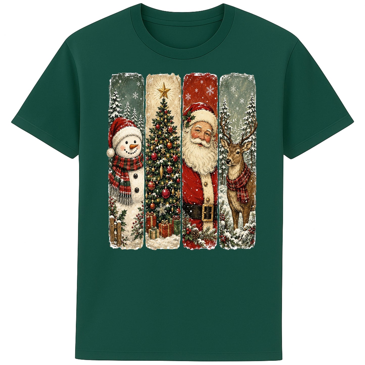 Green unisex Christmas T-shirt featuring four vintage Christmas panels with a snowman, decorated Christmas tree, Santa Claus, and reindeer in snowy winter scenes