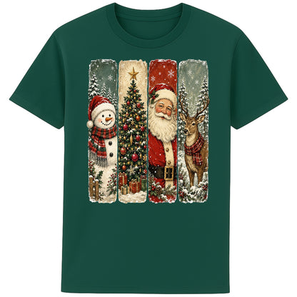 Green unisex Christmas T-shirt featuring four vintage Christmas panels with a snowman, decorated Christmas tree, Santa Claus, and reindeer in snowy winter scenes