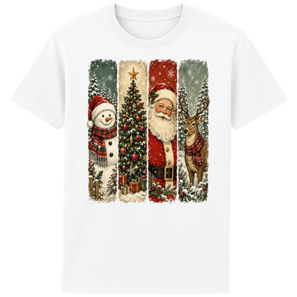 White unisex Christmas T-shirt featuring four vintage Christmas panels with a snowman, decorated Christmas tree, Santa Claus, and reindeer in snowy winter scenes