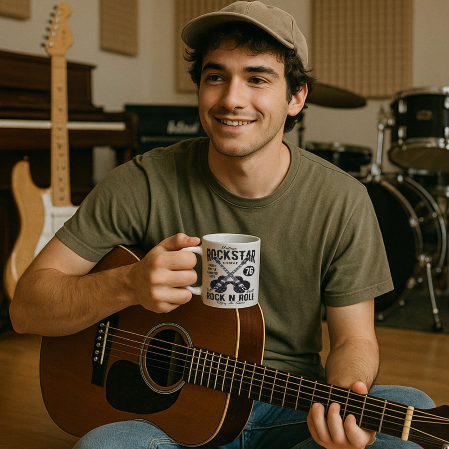 Man holding a guitar and a mug that says Vintage rockstar coffee mug with retro guitar graphics — bold, stylish, and perfect for music lovers who want their coffee with attitude.