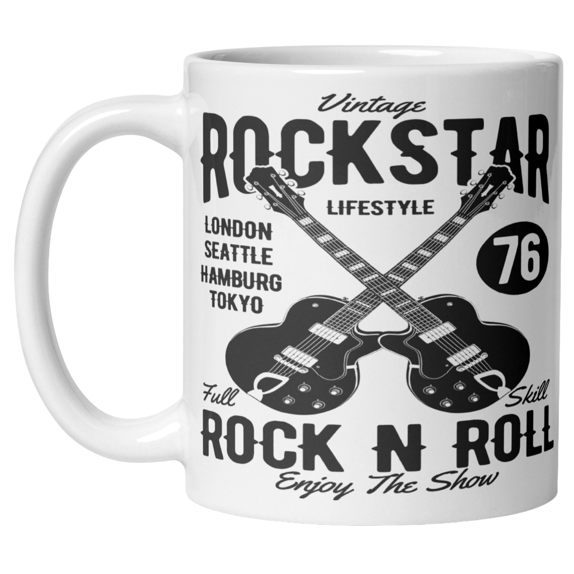 Vintage Rockstar Rock N Roll Mug featuring crossed electric guitars and a retro rock music design, perfect for music lovers, classic rock fans, coffee lovers, and guitar enthusiasts.