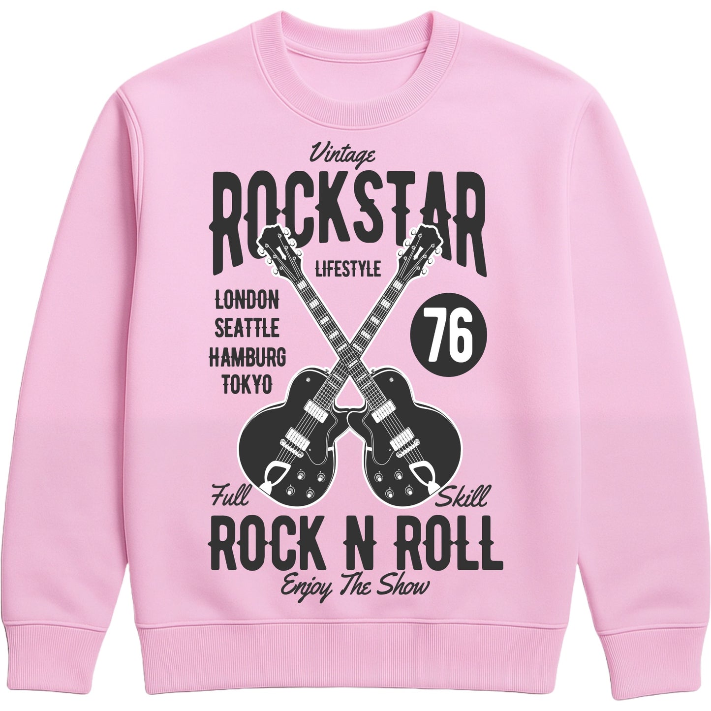 Pink Vintage Rockstar Rock N Roll Sweatshirt featuring crossed electric guitars and a retro rock music graphic, a classic rock sweatshirt for music lovers, guitarists, concerts, festivals, and everyday wear.