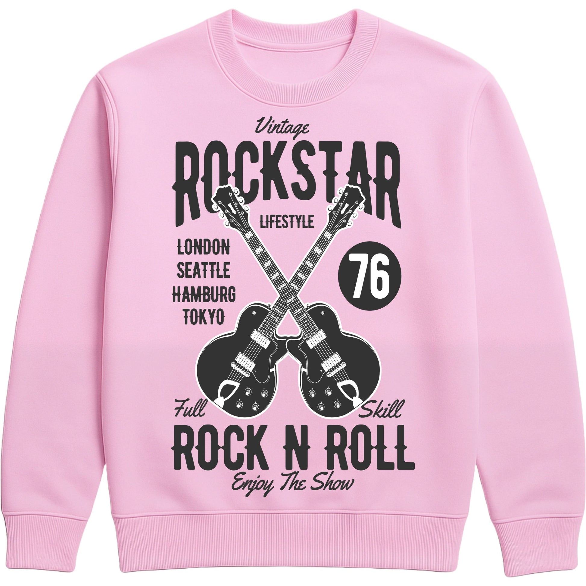 Pink Vintage Rockstar Rock N Roll Sweatshirt featuring crossed electric guitars and a retro rock music graphic, a classic rock sweatshirt for music lovers, guitarists, concerts, festivals, and everyday wear.
