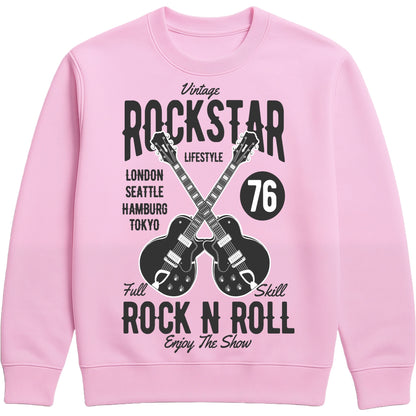 Pink Vintage Rockstar Rock N Roll Sweatshirt featuring crossed electric guitars and a retro rock music graphic, a classic rock sweatshirt for music lovers, guitarists, concerts, festivals, and everyday wear.