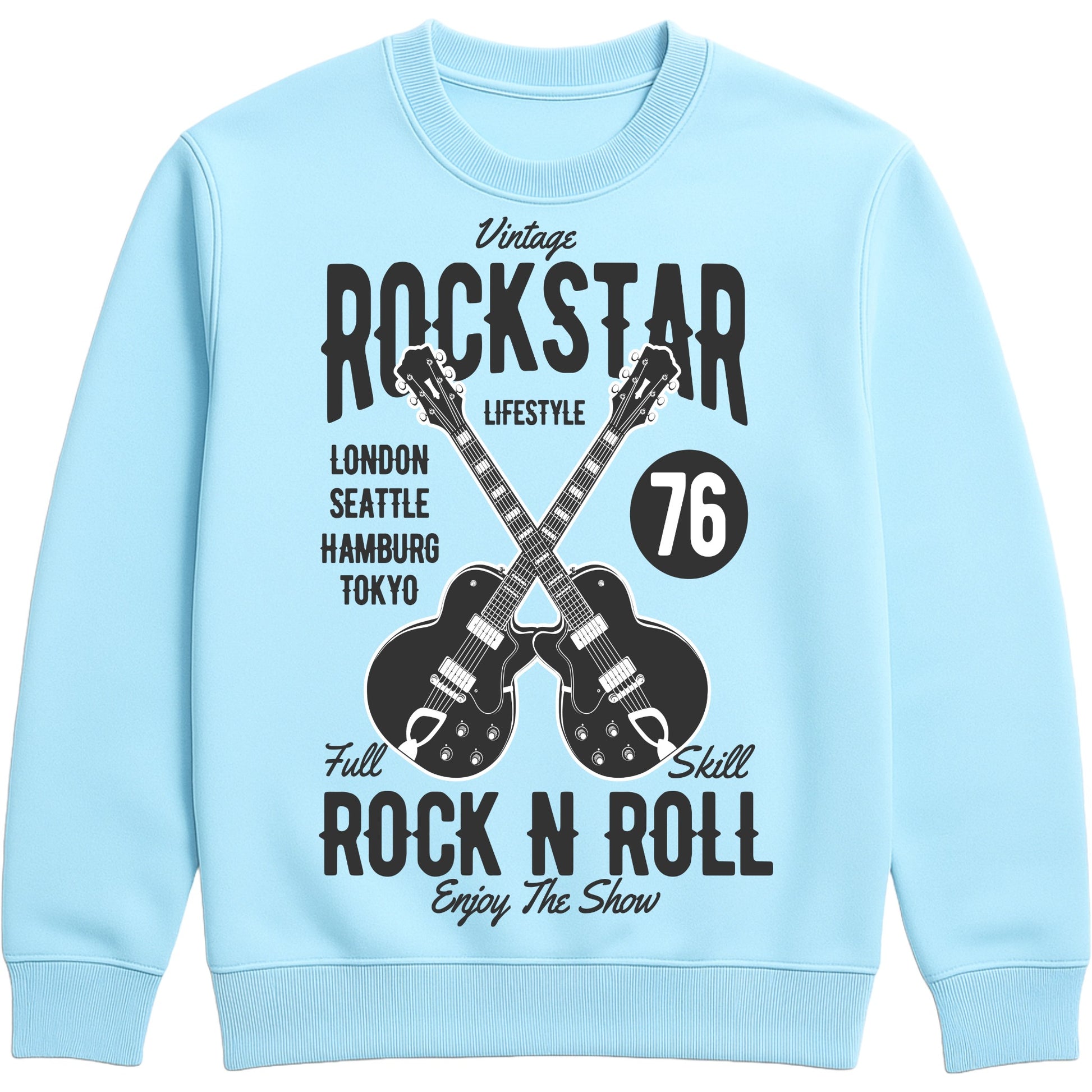 Sky Blue Vintage Rockstar Rock N Roll Sweatshirt featuring crossed electric guitars and a retro rock music graphic, a classic rock sweatshirt for music lovers, guitarists, concerts, festivals, and everyday wear.