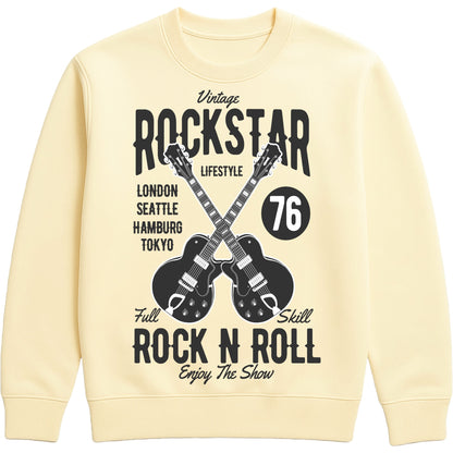 Vanilla milkshake colour Vintage Rockstar Rock N Roll Sweatshirt featuring crossed electric guitars and a retro rock music graphic, a classic rock sweatshirt for music lovers, guitarists, concerts, festivals, and everyday wear.
