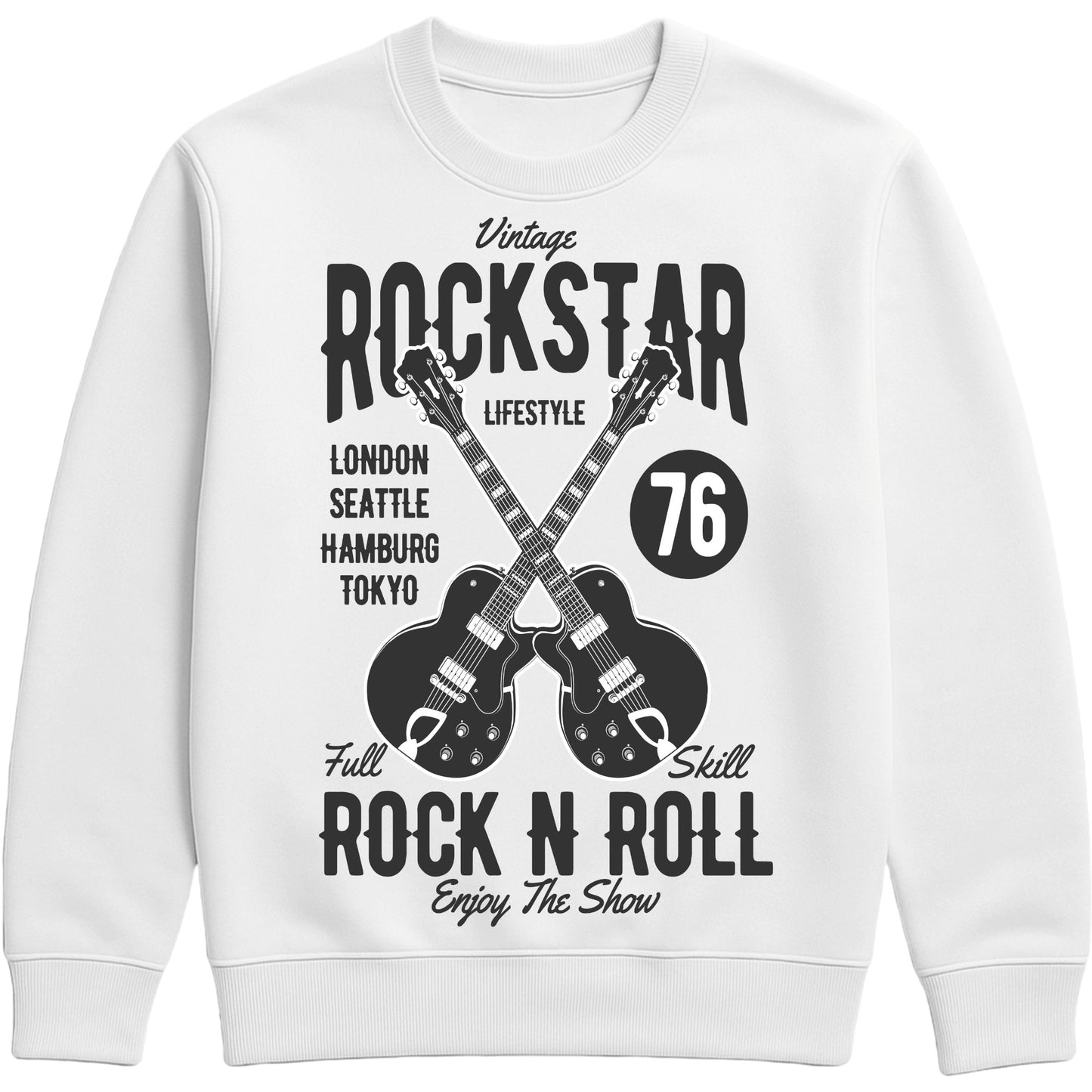 White Vintage Rockstar Rock N Roll Sweatshirt featuring crossed electric guitars and a retro rock music graphic, a classic rock sweatshirt for music lovers, guitarists, concerts, festivals, and everyday wear.