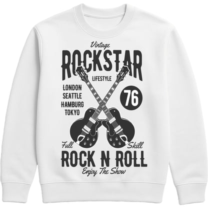 White Vintage Rockstar Rock N Roll Sweatshirt featuring crossed electric guitars and a retro rock music graphic, a classic rock sweatshirt for music lovers, guitarists, concerts, festivals, and everyday wear.
