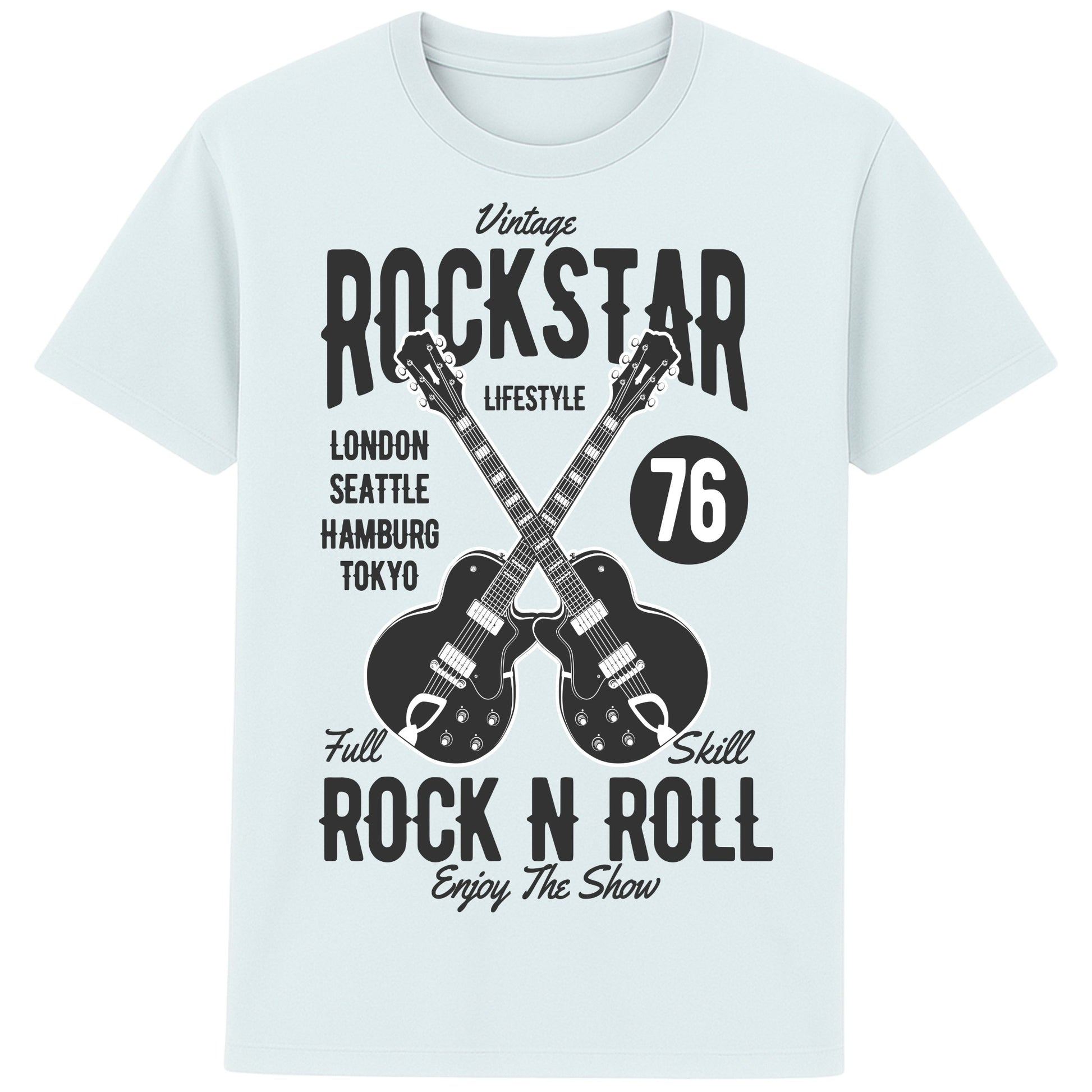 Blue Ice colour Vintage Rockstar Rock N Roll T-Shirt with crossed electric guitars and a retro rock graphic, a classic rock t-shirt for music lovers, guitarists, concerts, and festival wear.