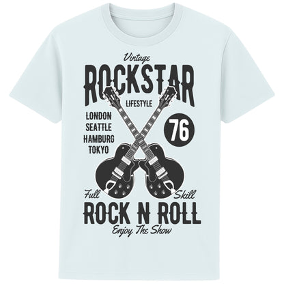 Blue Ice colour Vintage Rockstar Rock N Roll T-Shirt with crossed electric guitars and a retro rock graphic, a classic rock t-shirt for music lovers, guitarists, concerts, and festival wear.