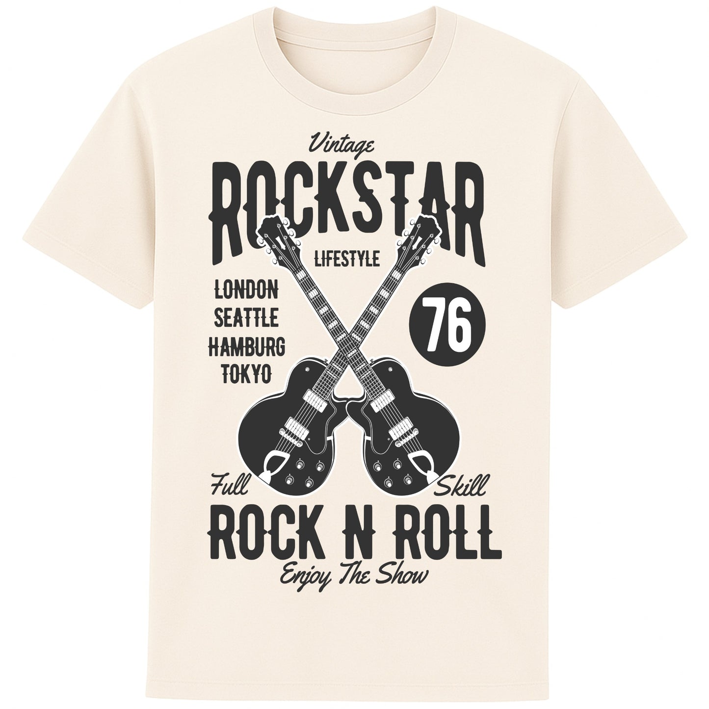 Naturel Vintage Rockstar Rock N Roll T-Shirt with crossed electric guitars and a retro rock graphic, a classic rock t-shirt for music lovers, guitarists, concerts, and festival wear.