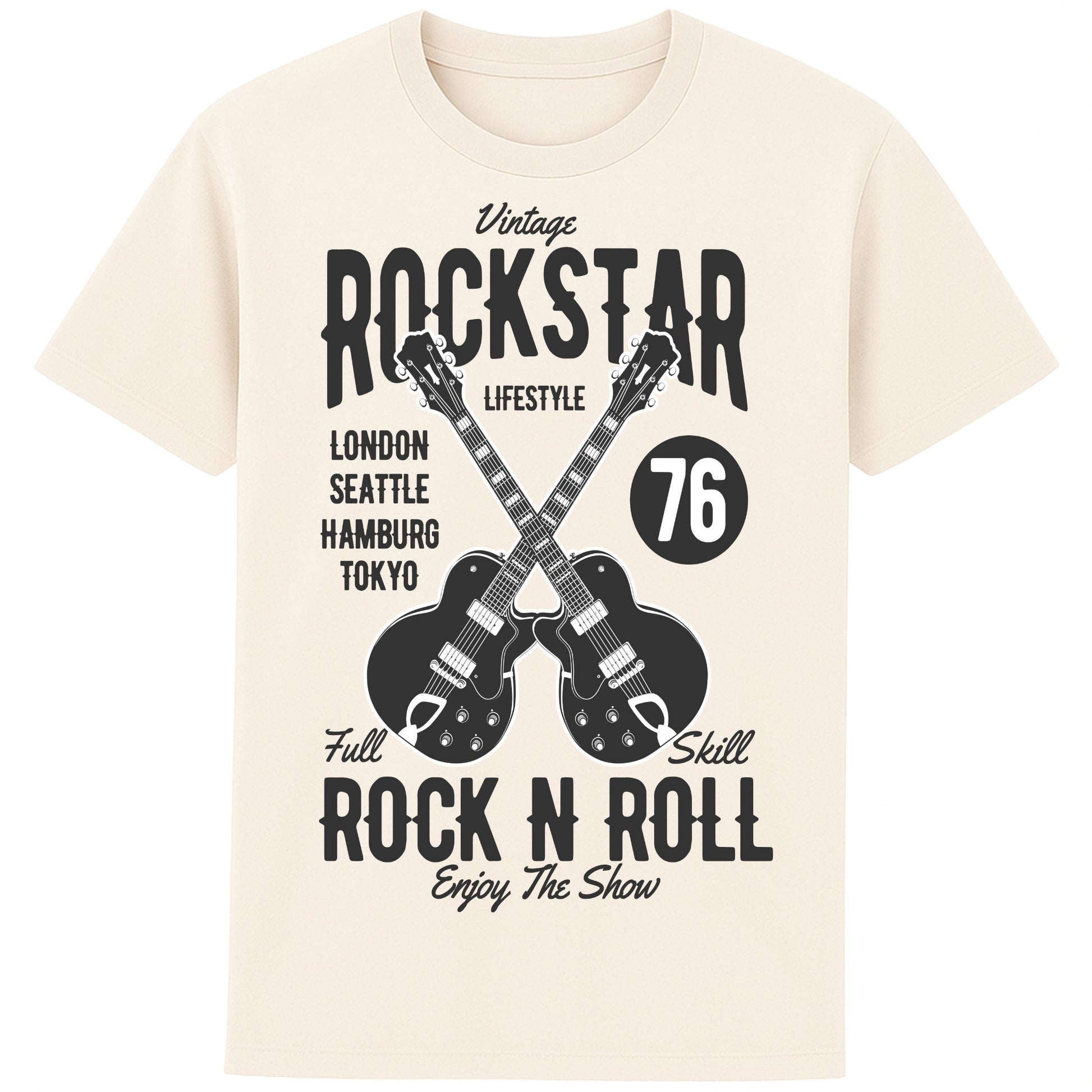 Naturel Vintage Rockstar Rock N Roll T-Shirt with crossed electric guitars and a retro rock graphic, a classic rock t-shirt for music lovers, guitarists, concerts, and festival wear.