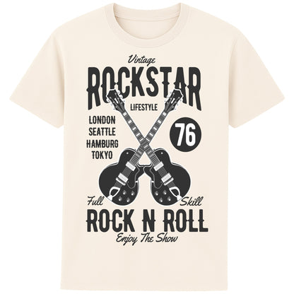 Naturel Vintage Rockstar Rock N Roll T-Shirt with crossed electric guitars and a retro rock graphic, a classic rock t-shirt for music lovers, guitarists, concerts, and festival wear.