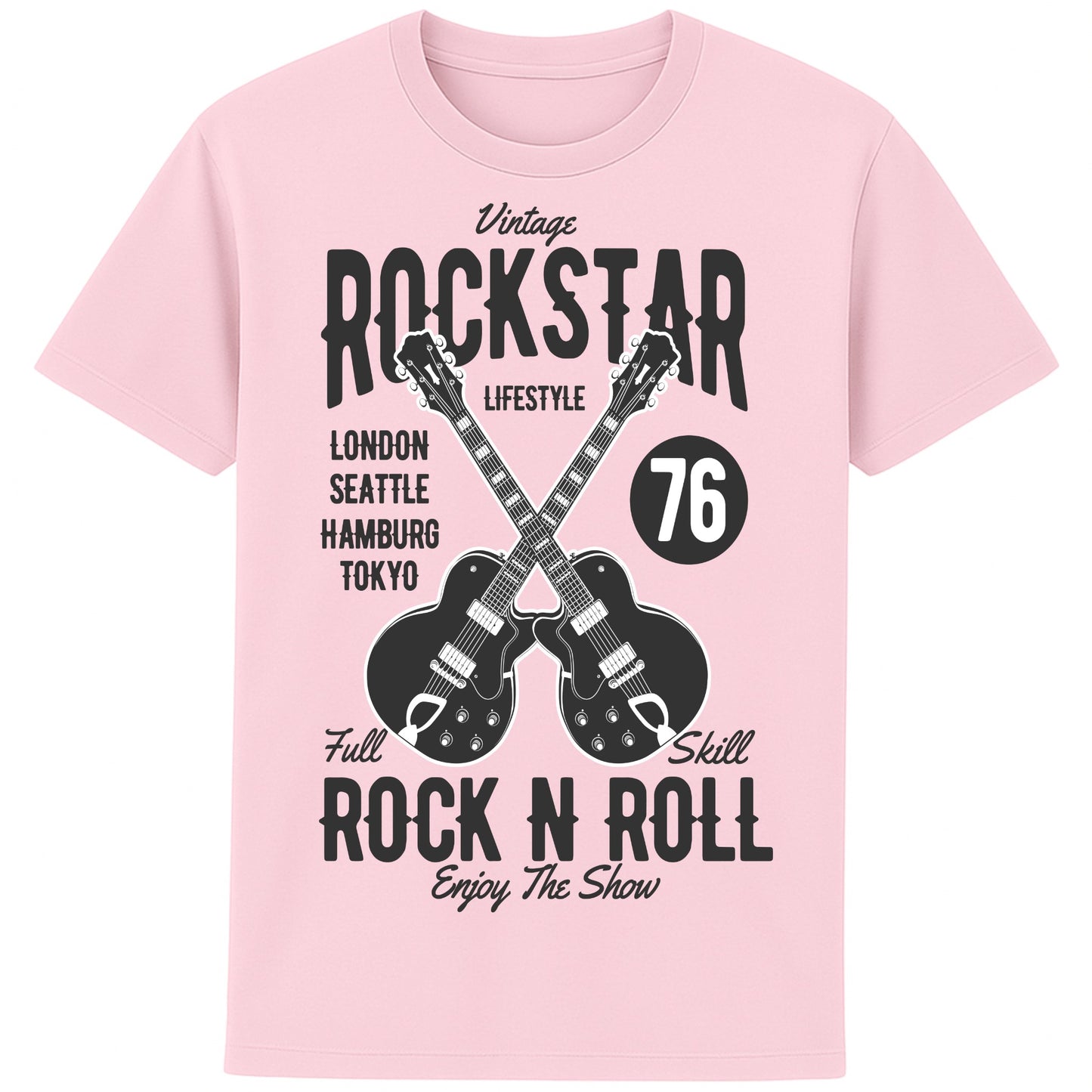 Pink colour Vintage Rockstar Rock N Roll T-Shirt with crossed electric guitars and a retro rock graphic, a classic rock t-shirt for music lovers, guitarists, concerts, and festival wear.