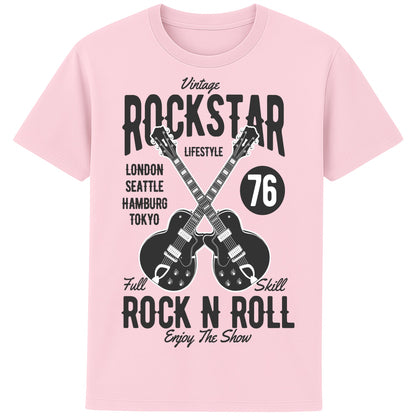 Pink colour Vintage Rockstar Rock N Roll T-Shirt with crossed electric guitars and a retro rock graphic, a classic rock t-shirt for music lovers, guitarists, concerts, and festival wear.