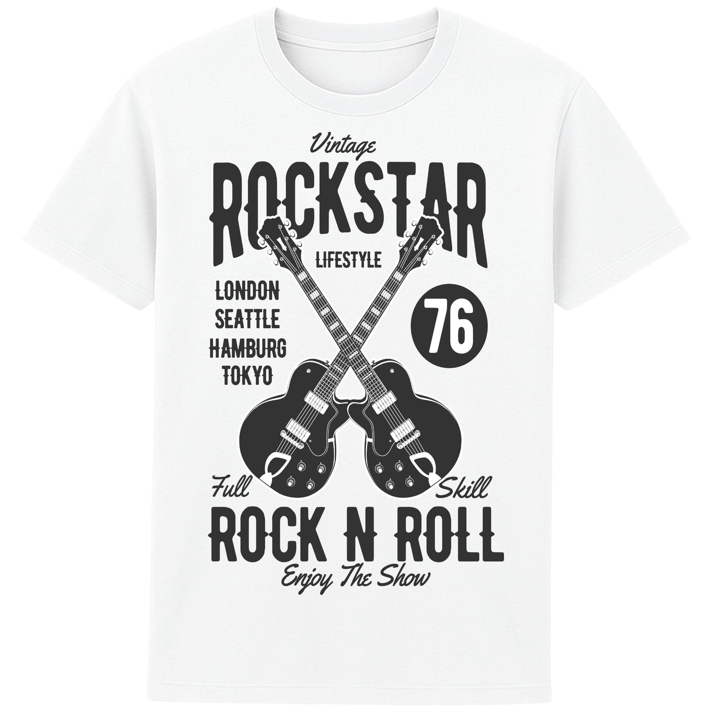 White Vintage Rockstar Rock N Roll T-Shirt with crossed electric guitars and a retro rock graphic, a classic rock t-shirt for music lovers, guitarists, concerts, and festival wear.