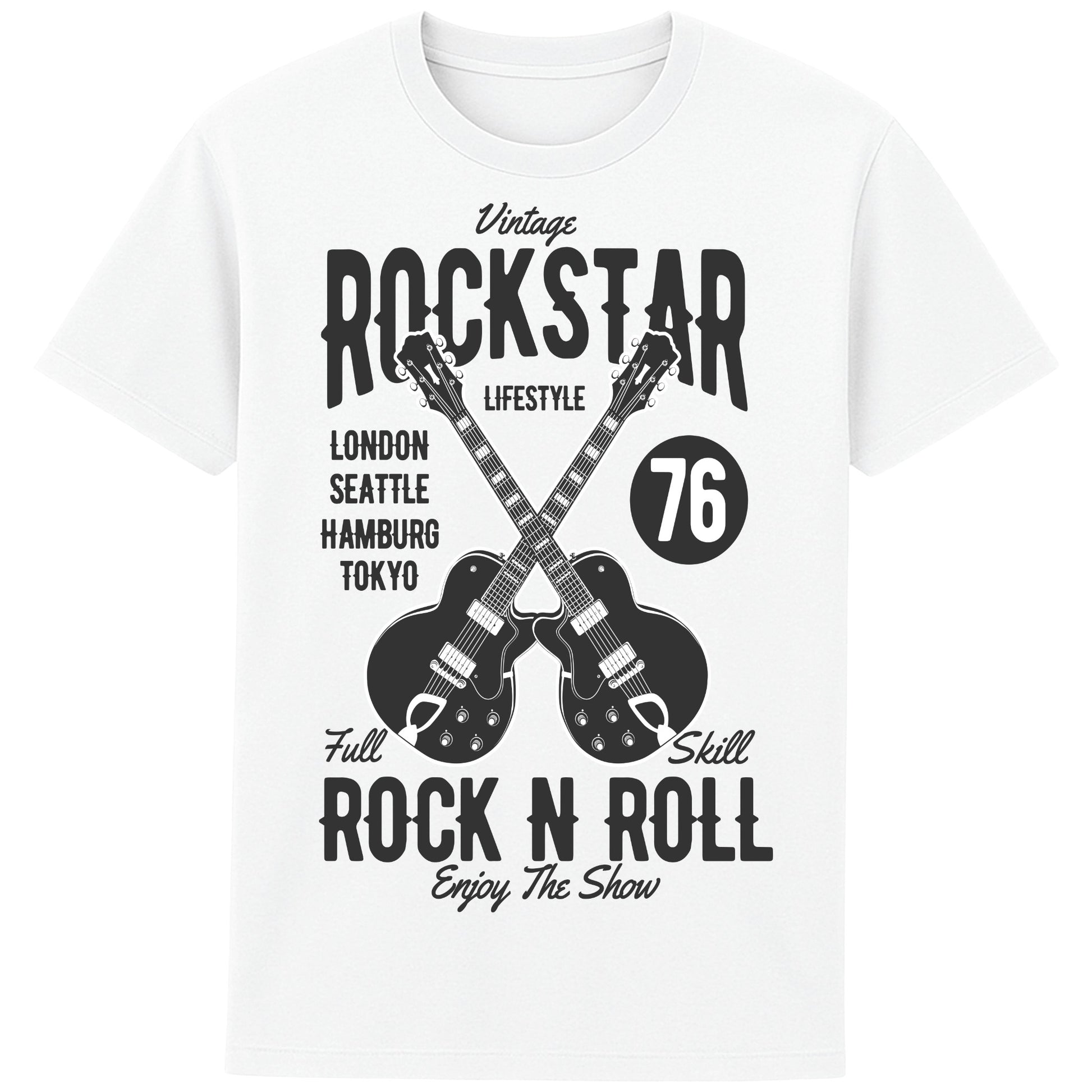 White Vintage Rockstar Rock N Roll T-Shirt with crossed electric guitars and a retro rock graphic, a classic rock t-shirt for music lovers, guitarists, concerts, and festival wear.