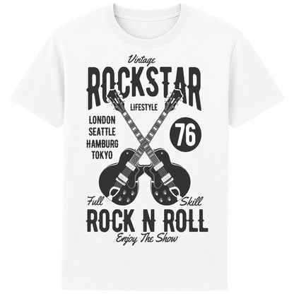White Vintage Rockstar Rock N Roll T-Shirt with crossed electric guitars and a retro rock graphic, a classic rock t-shirt for music lovers, guitarists, concerts, and festival wear.