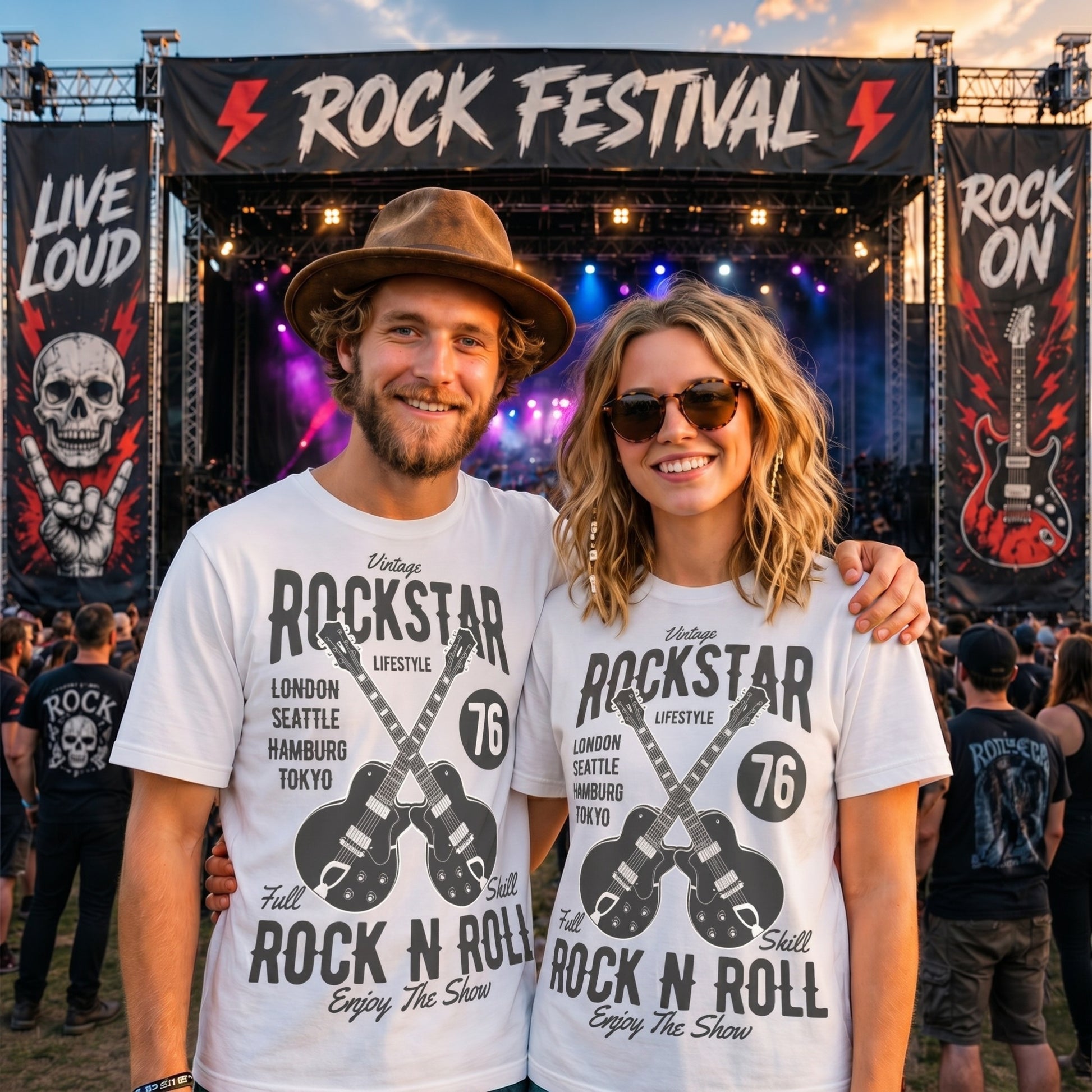 Couple wearing matching Vintage Rockstar Rock N Roll T-Shirts at an outdoor rock festival featuring retro guitar graphics, perfect for music lovers, concerts, festivals, and classic rock fans.