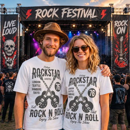 Couple wearing matching Vintage Rockstar Rock N Roll T-Shirts at an outdoor rock festival featuring retro guitar graphics, perfect for music lovers, concerts, festivals, and classic rock fans.