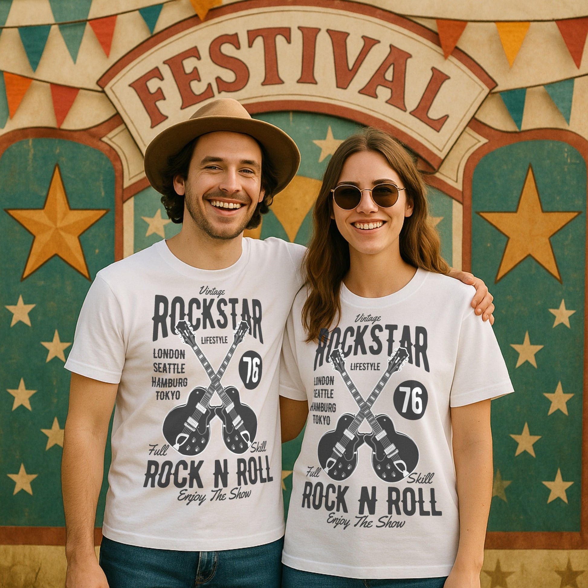 Two people wearing matching 'vintage rockstar' t-shirts in front of a festival-themed backdrop.