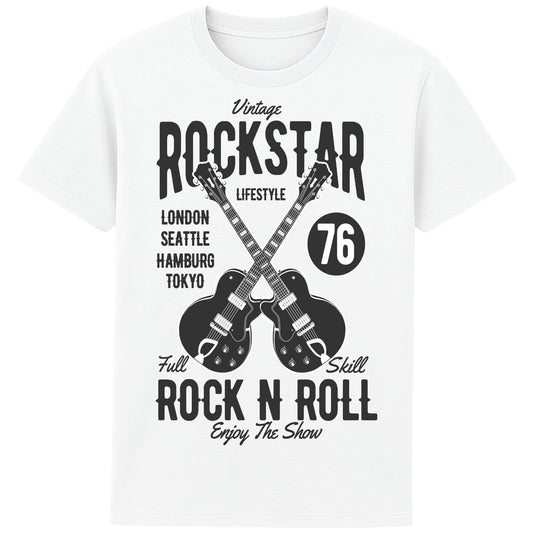 White vintage rockstar t-shirt with bold crossed guitar graphic and retro tour print, channels classic concert energy—perfect for festivals, road trips, and everyday outfits.