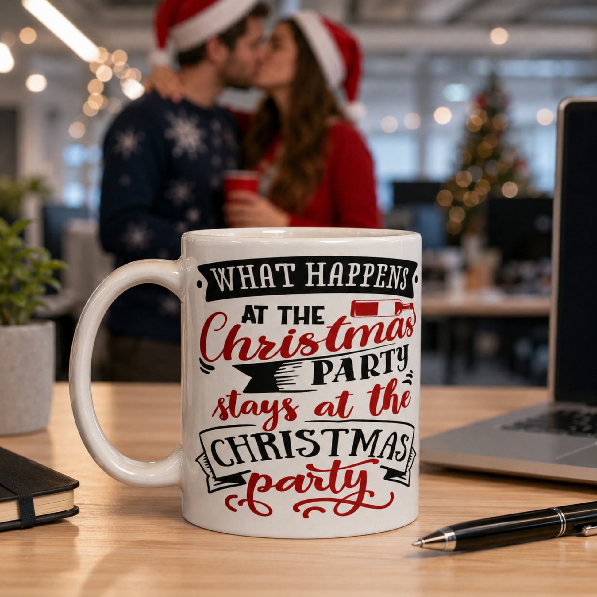 White What Happens At The Christmas Party funny Christmas coffee mug on an office desk with a festive Christmas party in the background. A Christmas mug gift perfect for office Christmas parties, Secret Santa, coffee lovers, and holiday celebrations.