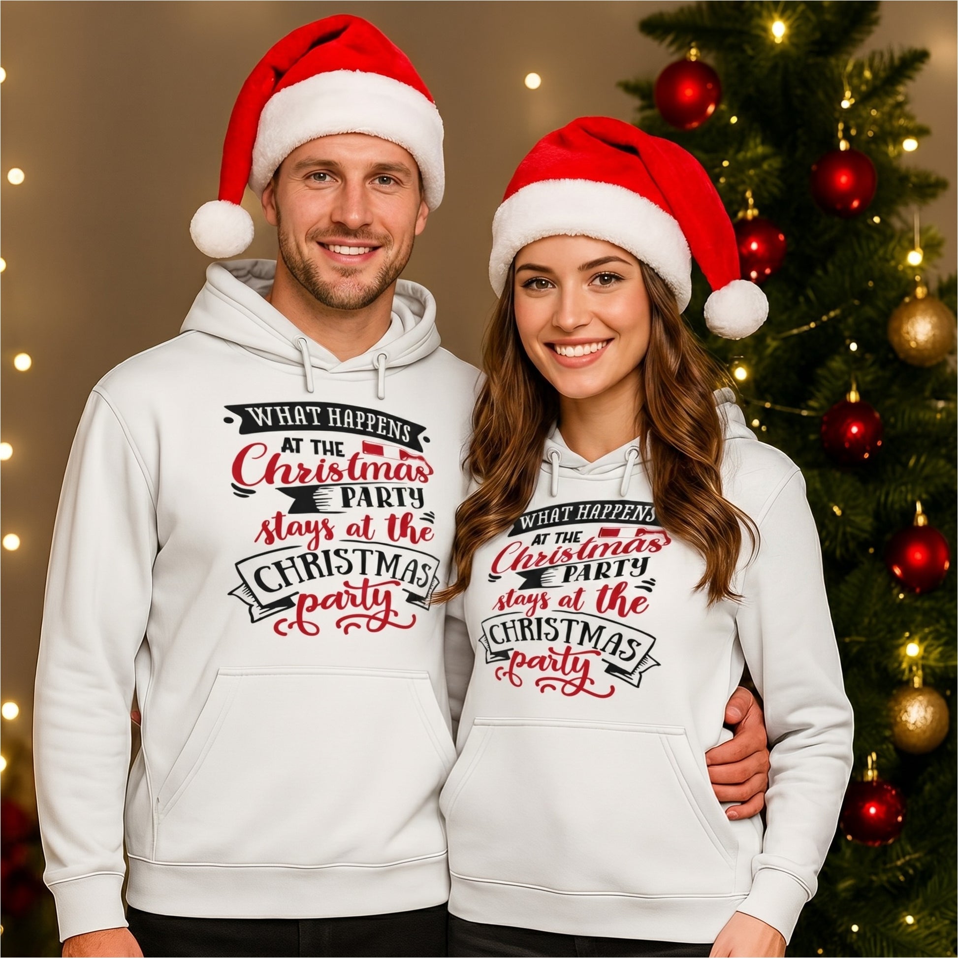 Couple wearing matching white What Happens At The Christmas Party hoodies with Santa hats beside a decorated Christmas tree. Funny Christmas hoodie for office Christmas parties, festive celebrations, holiday gatherings, and Christmas gifts.