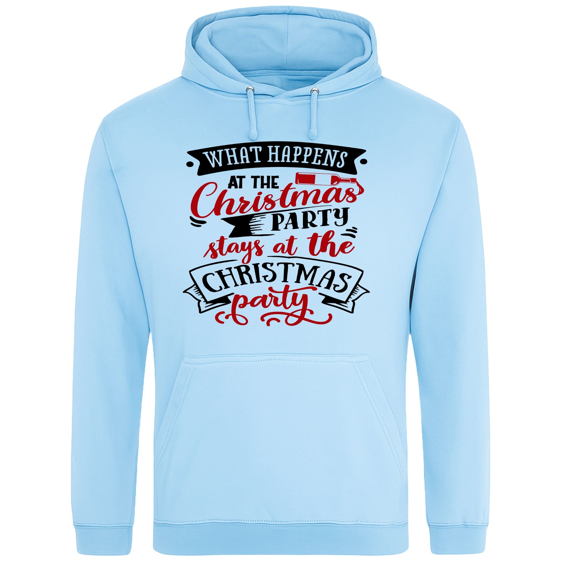 Sky blue hoodie featuring the "What Happens At The Christmas Party" design, a funny Christmas hoodie with festive typography, model wearing a cosy Christmas party hoodie for holiday celebrations, office Christmas parties, and winter events.