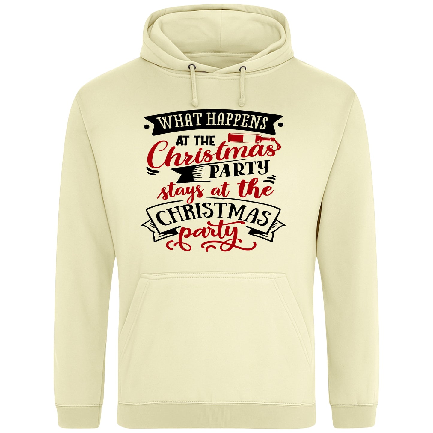 Vanilla milkshake colour hoodie featuring the "What Happens At The Christmas Party" design, a funny Christmas hoodie with festive typography, model wearing a cosy Christmas party hoodie for holiday celebrations, office Christmas parties, and winter events.