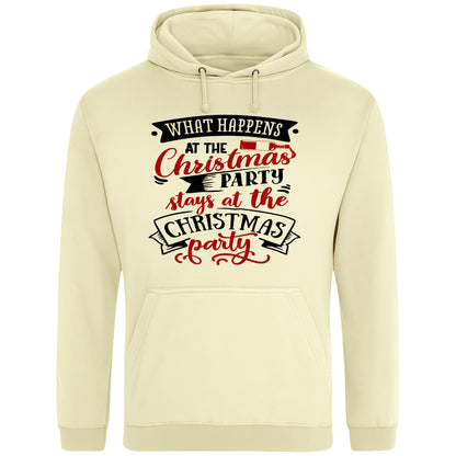 Vanilla milkshake colour hoodie featuring the "What Happens At The Christmas Party" design, a funny Christmas hoodie with festive typography, model wearing a cosy Christmas party hoodie for holiday celebrations, office Christmas parties, and winter events.