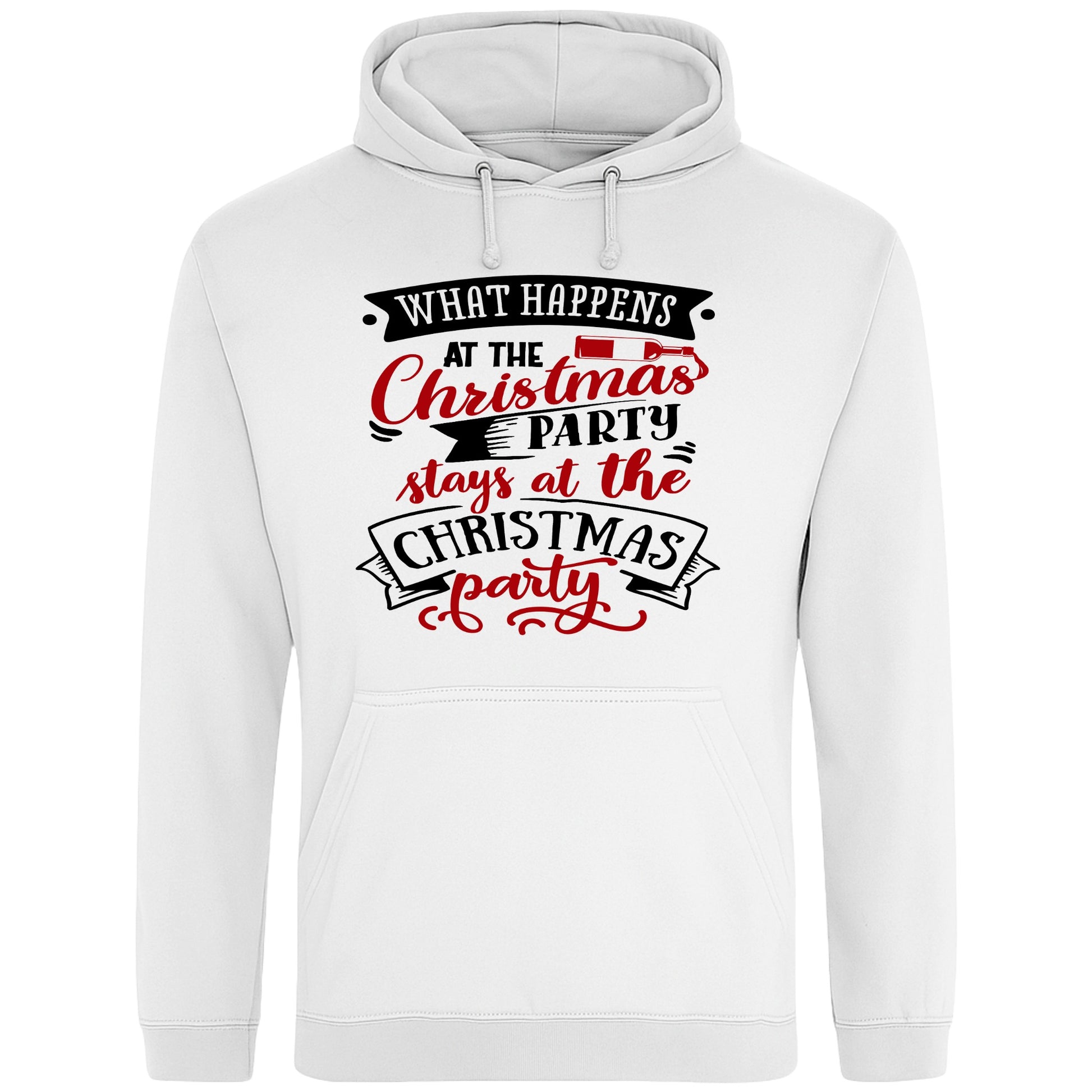 White hoodie featuring the "What Happens At The Christmas Party" design, a funny Christmas hoodie with festive typography, model wearing a cosy Christmas party hoodie for holiday celebrations, office Christmas parties, and winter events.