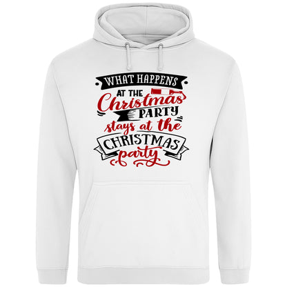 White hoodie featuring the "What Happens At The Christmas Party" design, a funny Christmas hoodie with festive typography, model wearing a cosy Christmas party hoodie for holiday celebrations, office Christmas parties, and winter events.