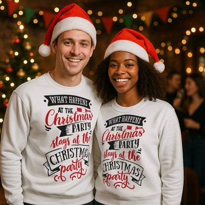 Smiling man and woman wearing matching white "What Happens At The Christmas Party Stays At The Christmas Party" funny Christmas sweatshirts with Santa hats at a festive holiday party. Cosy Christmas jumpers perfect for office Christmas parties, Secret Santa gifts, and festive celebrations.