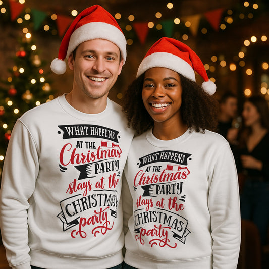 Smiling man and woman wearing matching white "What Happens At The Christmas Party Stays At The Christmas Party" funny Christmas sweatshirts with Santa hats at a festive holiday party. Cosy Christmas jumpers perfect for office Christmas parties, Secret Santa gifts, and festive celebrations.