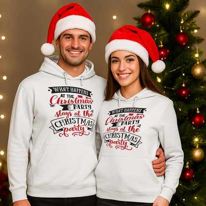 Two people wearing matching Cosy white Christmas hoodies with playful holiday party slogan — funny festive outfit idea for winter nights and office celebrations.