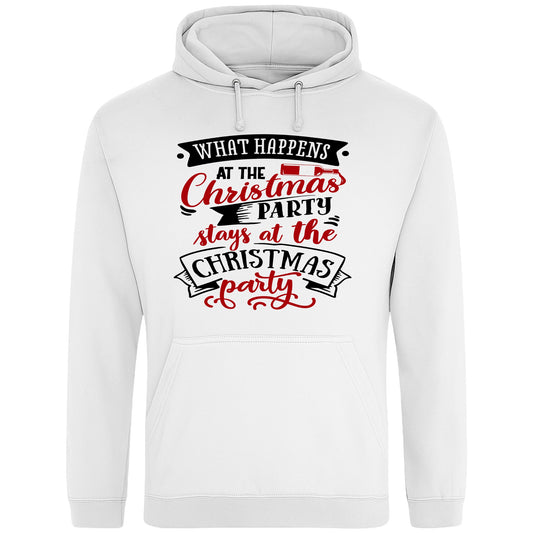 Cosy white Christmas hoodie with playful holiday party slogan — funny festive outfit idea for winter nights and office celebrations.
