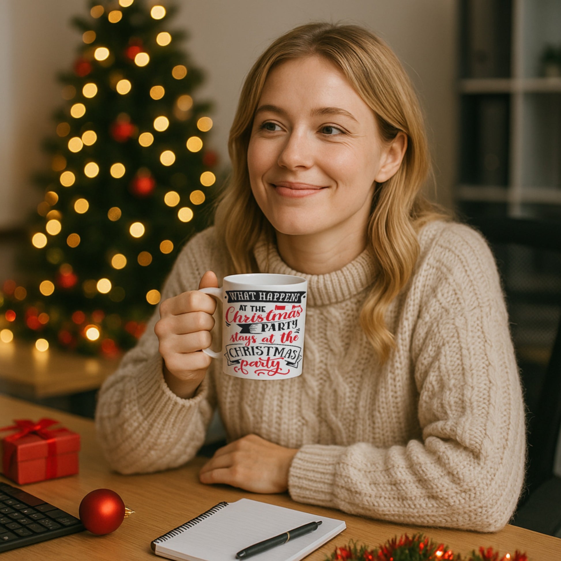 Woman holding a mug with text Festive white Christmas mug with bold red and black lettering that says “What Happens at the Christmas Party Stays at the Christmas Party” — a funny holiday gift idea perfect for Secret Santa swaps.