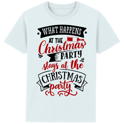 Funny Christmas T-shirt blue ice colour featuring the phrase "What Happens At The Christmas Party Stays At The Christmas Party" in bold red and black festive typography with a wine bottle graphic. Perfect Christmas party shirt, Secret Santa gift, office Christmas party outfit, and funny holiday tee.