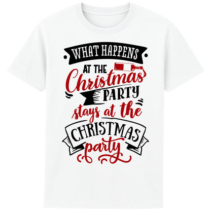 Funny Christmas white T-shirt featuring the phrase "What Happens At The Christmas Party Stays At The Christmas Party" in bold red and black festive typography with a wine bottle graphic. Perfect Christmas party shirt, Secret Santa gift, office Christmas party outfit, and funny holiday tee.