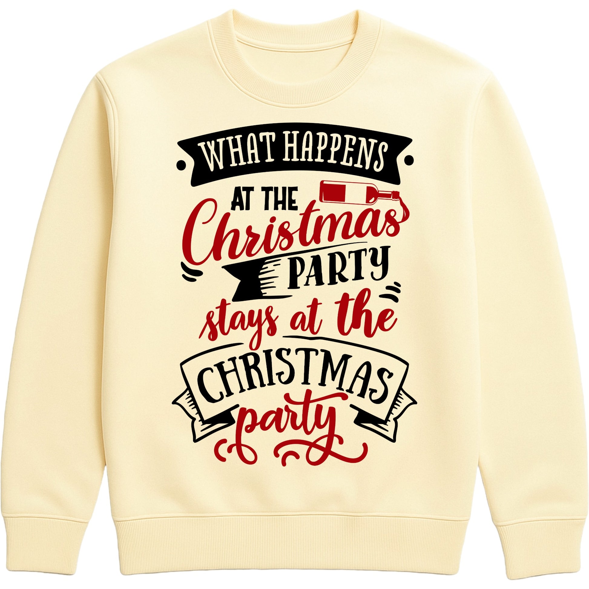 A vanilla milkshake colour festive and funny Christmas sweatshirt that says what happens at the Christmas party stays at the Christmas party designed for office parties and holiday celebrations, styled in a bright, cheerful holiday aesthetic.