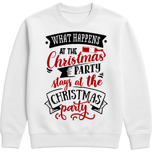 A white festive and funny Christmas sweatshirt that says what happens at the Christmas party stays at the Christmas party designed for office parties and holiday celebrations, styled in a bright, cheerful holiday aesthetic.